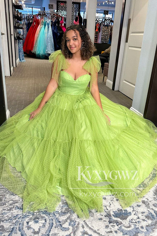 Sage Green Sweetheart Evening Gown Tulle Long Prom Dress with Bow Tie LF1041