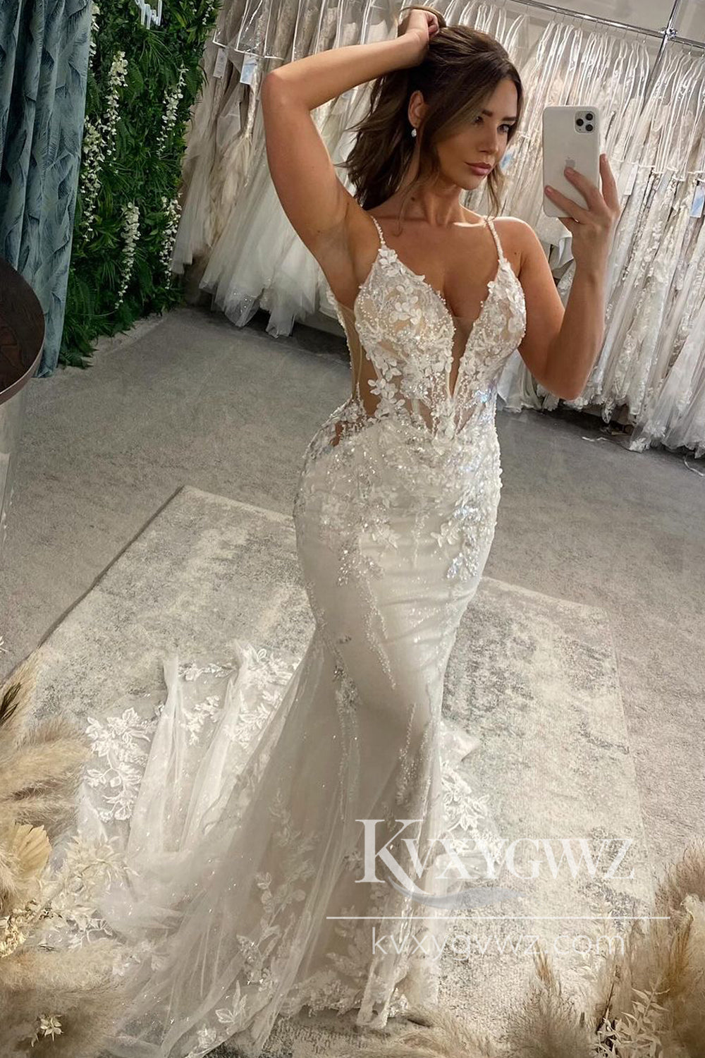 Pastoral Style Chic Mermaid V Neck Lace Wedding Dresses Gown with Appliques HS1041