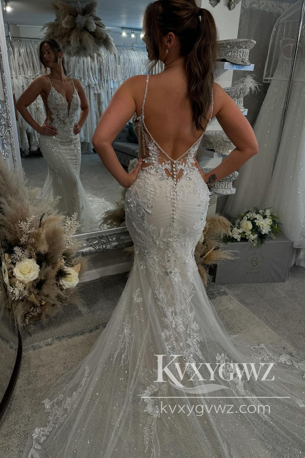 Pastoral Style Chic Mermaid V Neck Lace Wedding Dresses Gown with Appliques HS1041