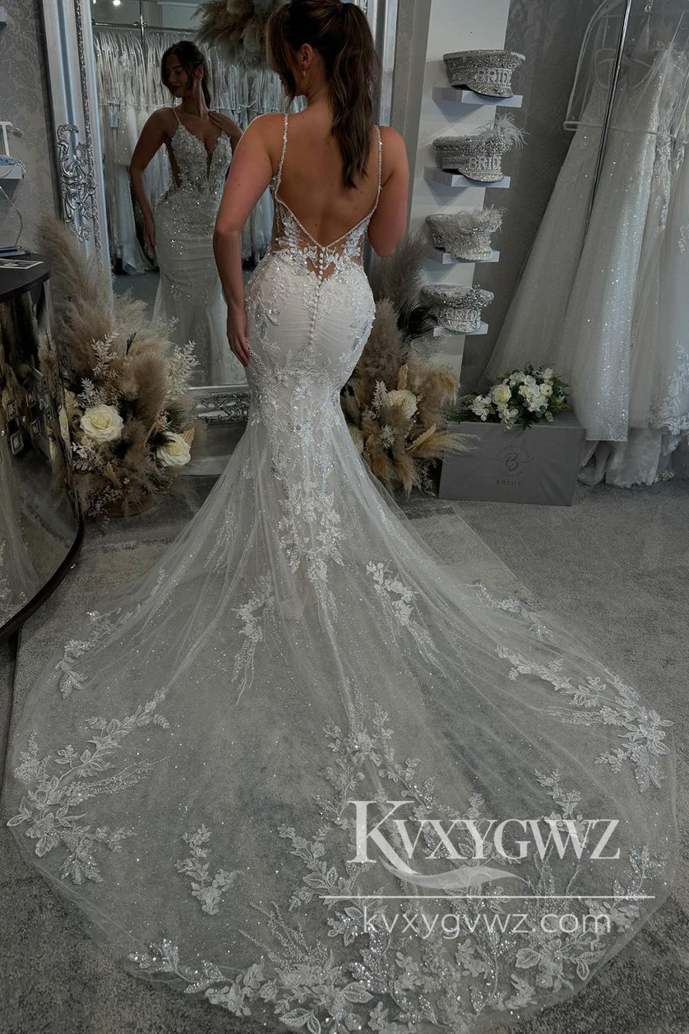 Pastoral Style Chic Mermaid V Neck Lace Wedding Dresses Gown with Appliques HS1041