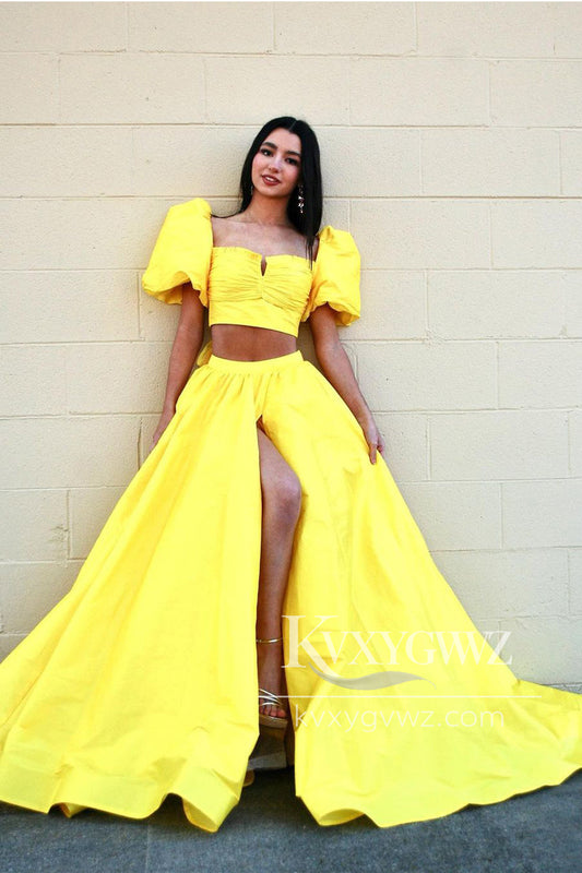 Yellow Two Piece Sweetheart Evening Gown A-Line Satin Prom Dress with Slit LF1042