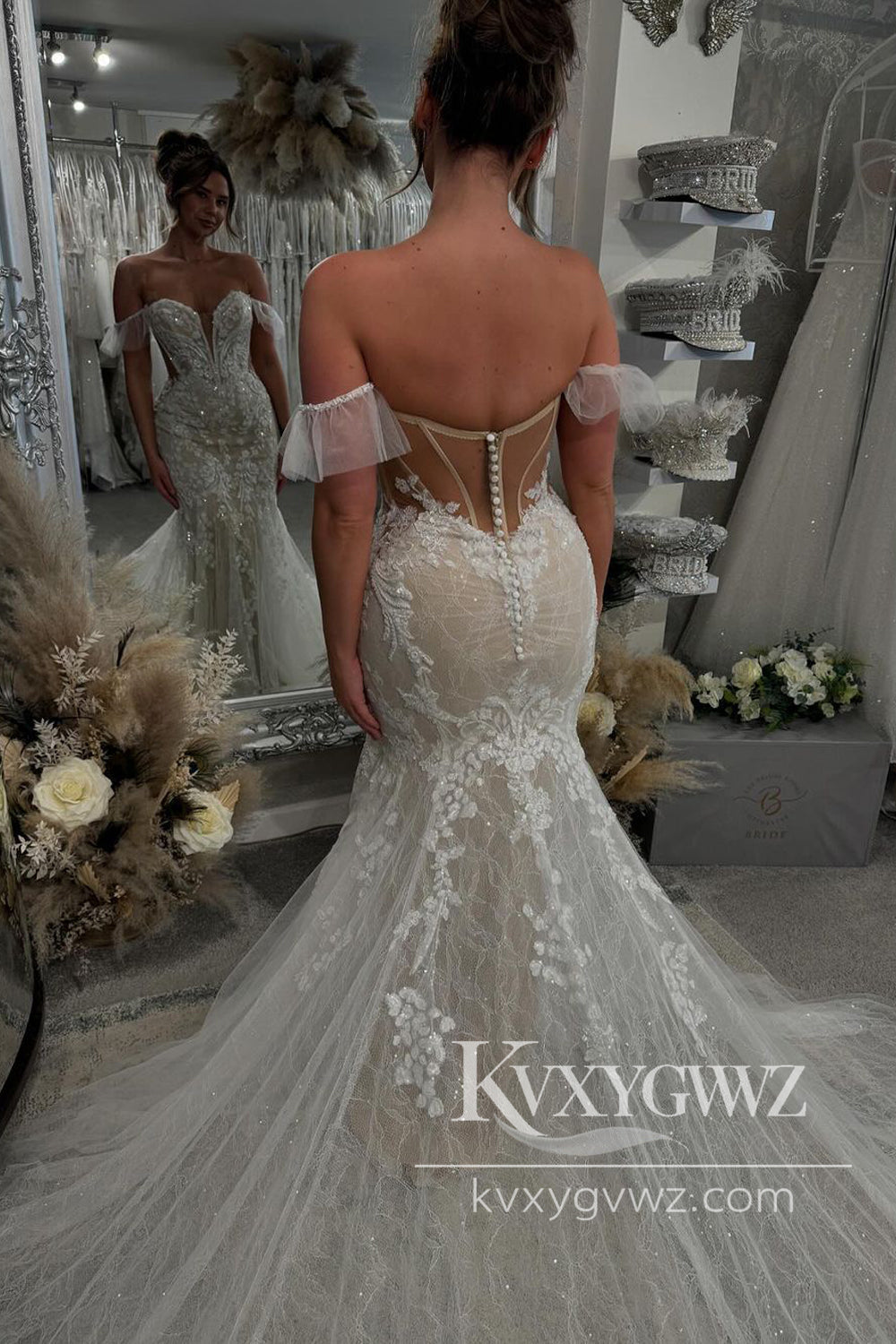 Romantic Mermaid Off the Shoulder Lace Tulle Wedding Dresses Gown with Appliques HS1042