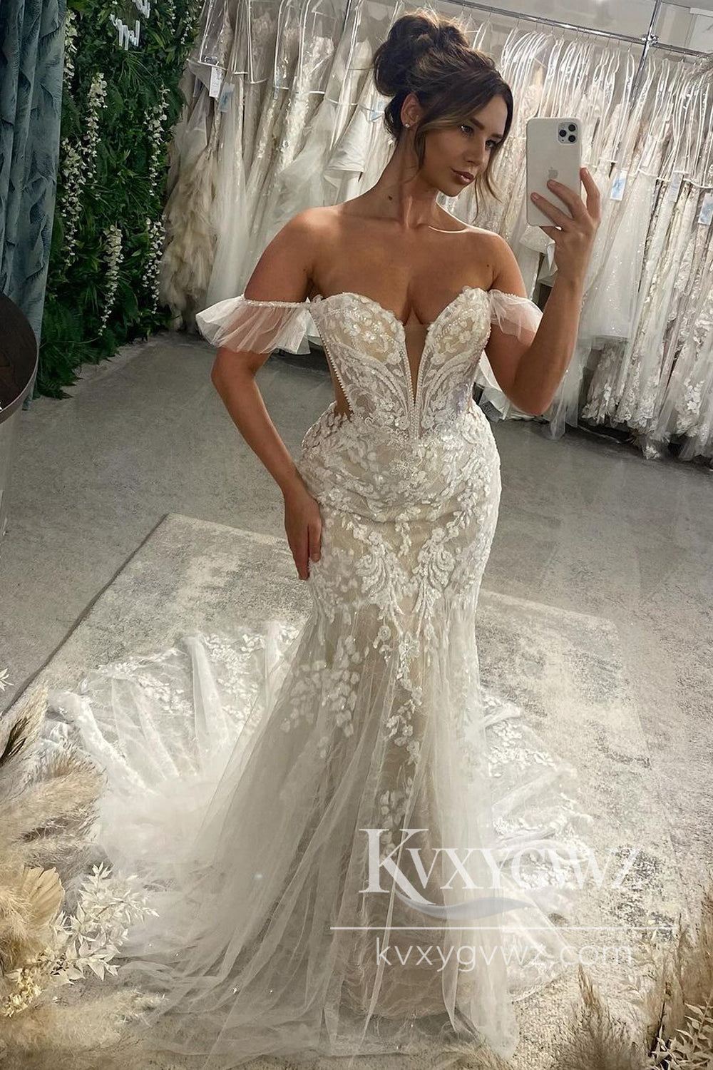 Romantic Mermaid Off the Shoulder Lace Tulle Wedding Dresses Gown with Appliques HS1042