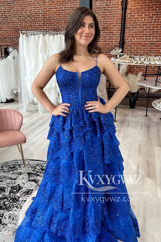 Royal Blue Straps Tiered Evening Gown A-Line Prom Dress with Sequins LF1043