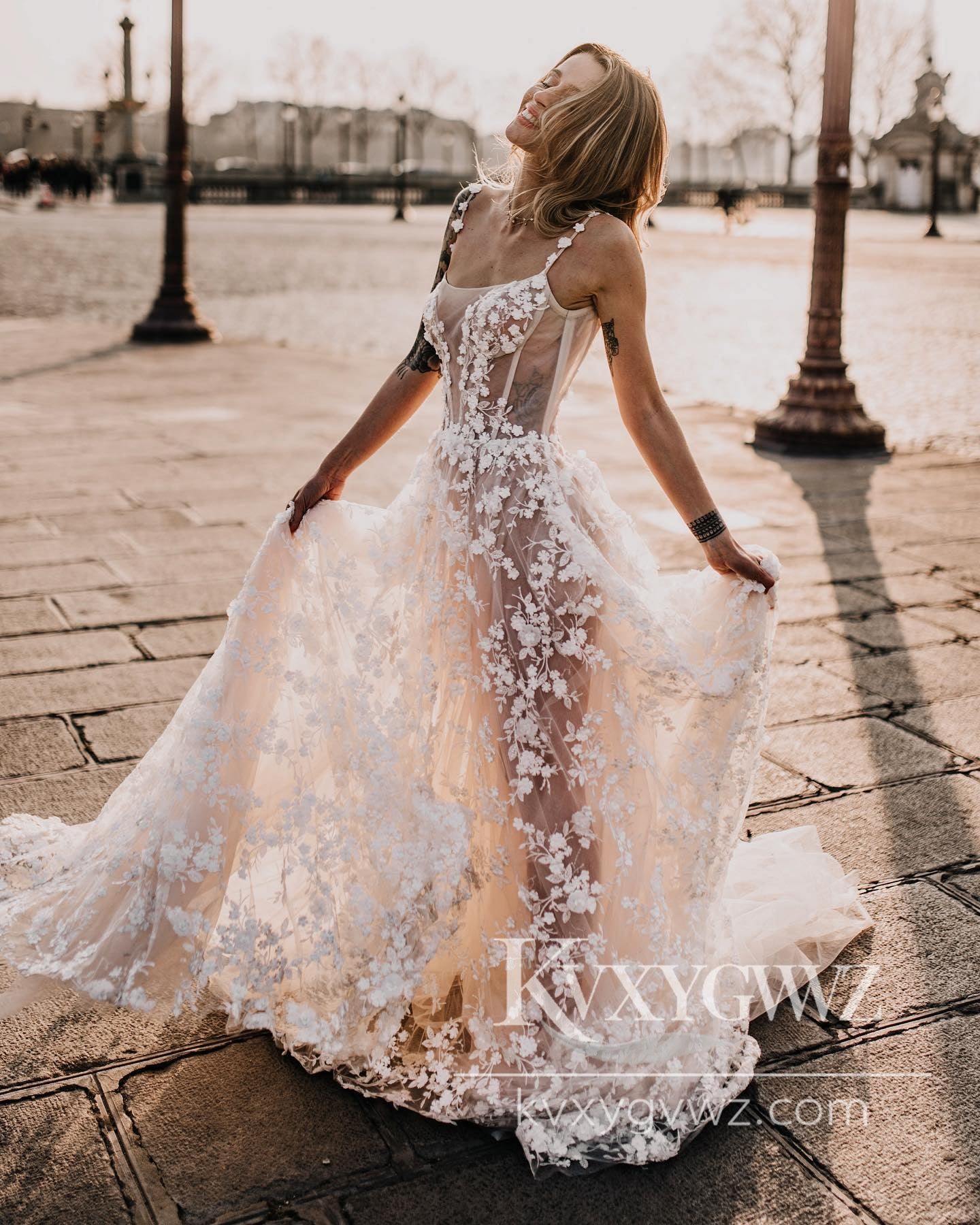 Boho A Line Scoop Neck Lace Beach Wedding Dresses Gown With Sweep Train HS1043