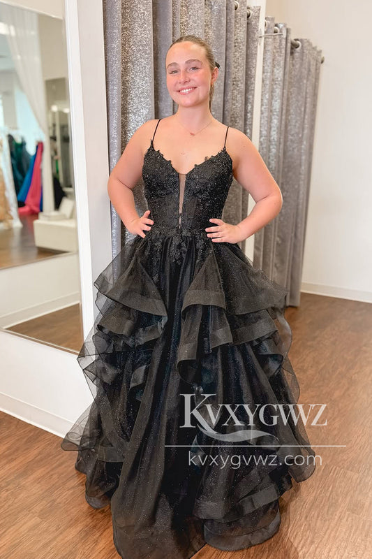Stunning A Line V Neck Evening Gown Black Gliiter Tulle Prom Dress with Appliques LF1044