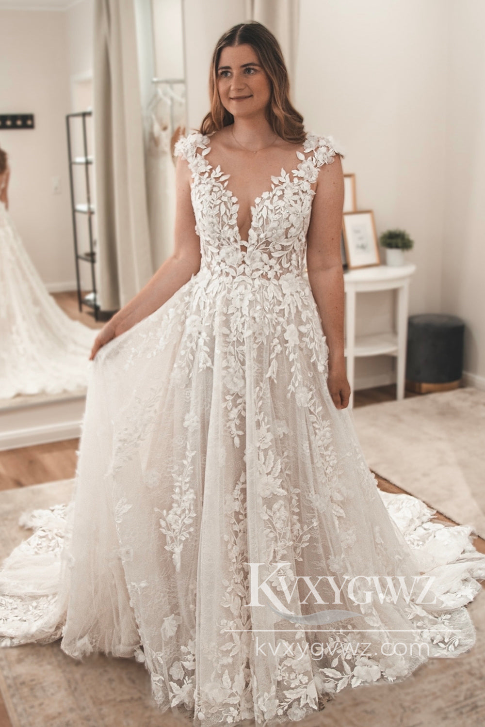 Bohemian A Line V Neck Lace Tulle Wedding Dresses Gown with Appliques HS1044