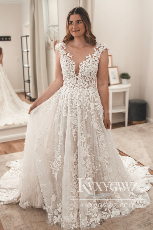 Bohemian A Line V Neck Lace Tulle Wedding Dresses Gown with Appliques HS1044