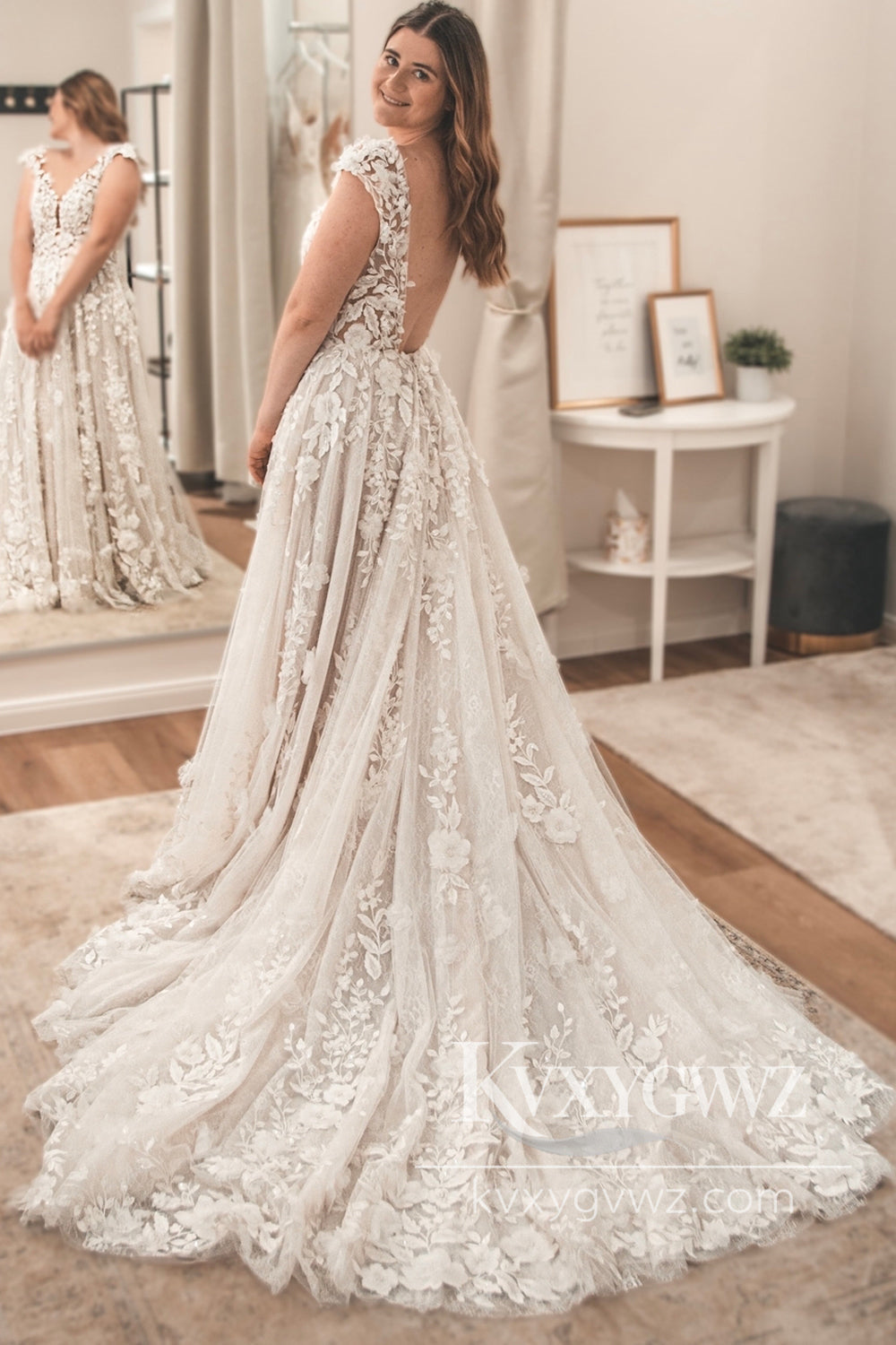 Bohemian A Line V Neck Lace Tulle Wedding Dresses Gown with Appliques HS1044