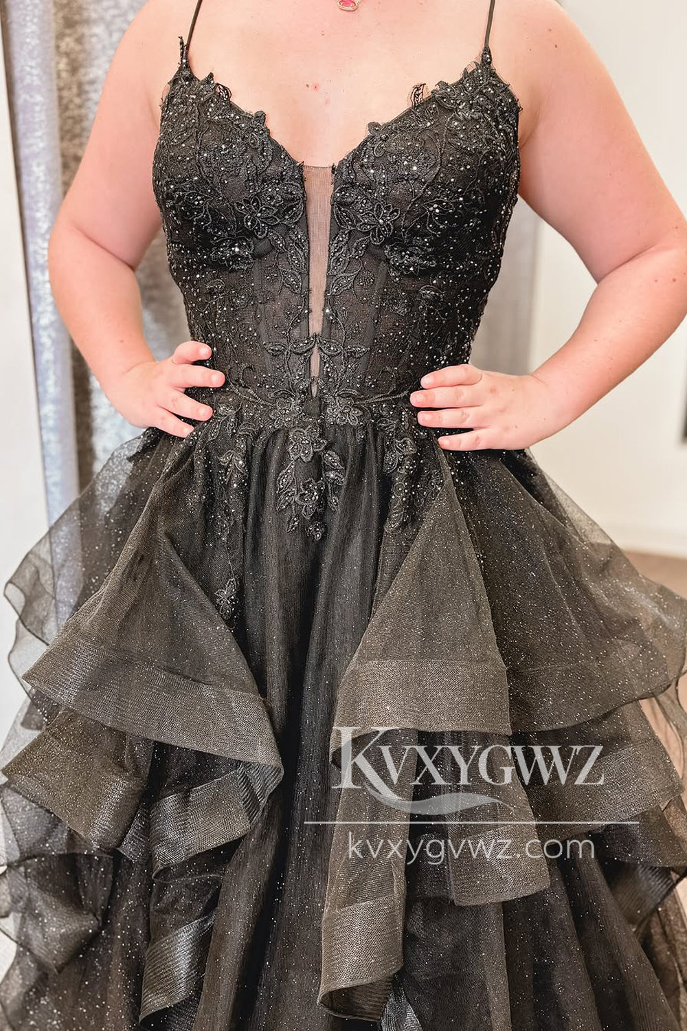 Stunning A Line V Neck Evening Gown Black Gliiter Tulle Prom Dress with Appliques LF1044