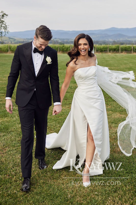 Fashion Mermaid Strapless White Pleat Satin Wedding Dresses Gown with Slit HS1045