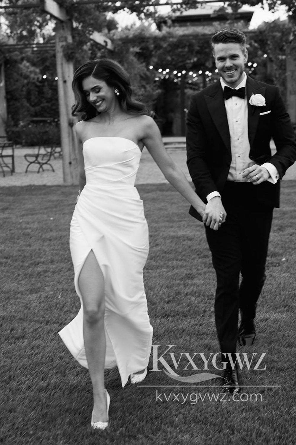 Fashion Mermaid Strapless White Pleat Satin Wedding Dresses Gown with Slit HS1045