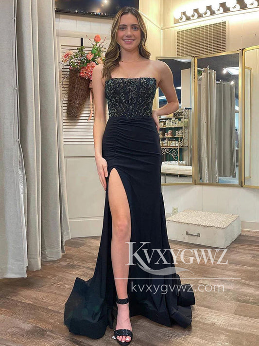 Fashion Mermaid Strapless Evening Gown Black Satin Slit Prom Dress With Beading LF1047