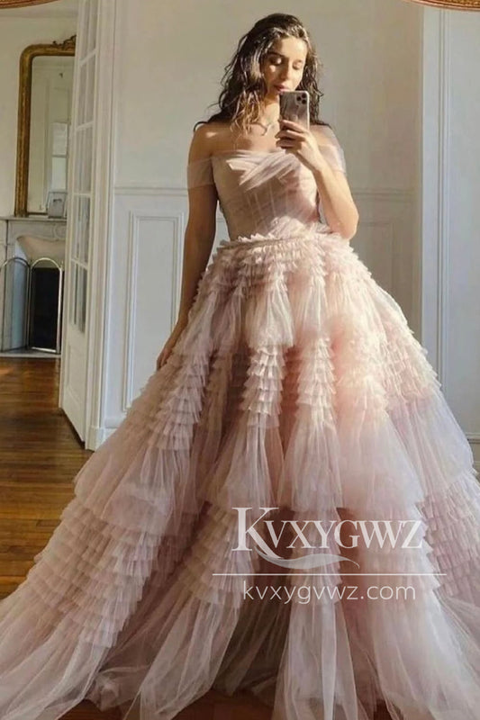 Princess A Line Off the Shoulder Evening Gown Light Pink Corset Prom Dress with Ruffles LF1048