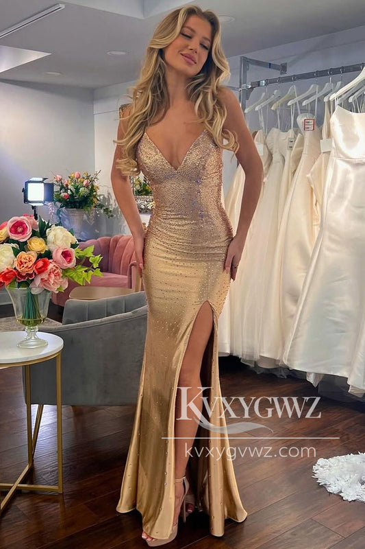 Sexy Mermaid V Neck Evening Gown Gold Satin Slit Prom Dress with Hot Stone LF1049