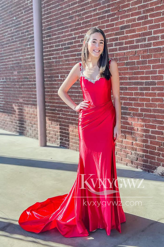 Stunning Mermaid V Neck Evening Gown Red Satin Slit Prom Dress with Beading LF1051