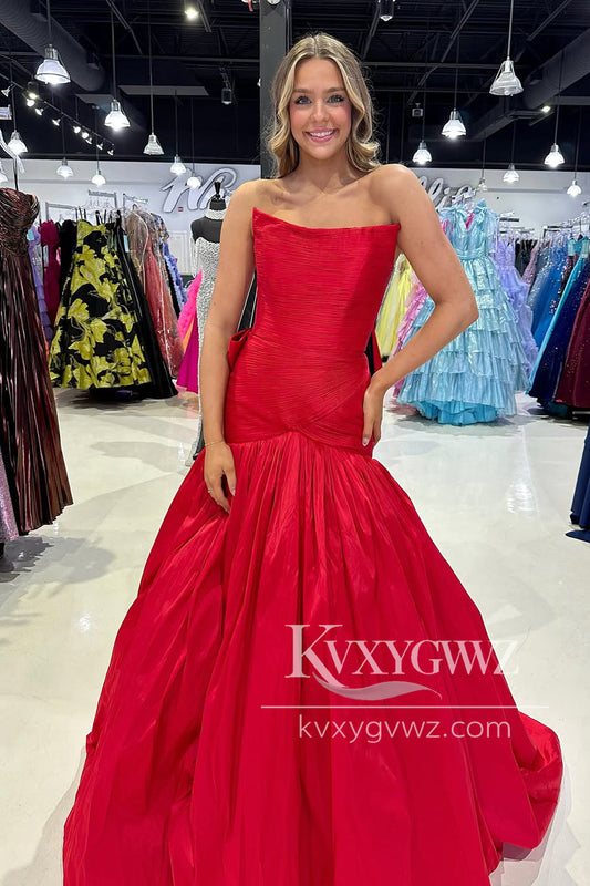 Stunning Mermaid Evening Gown Scoop Neck Red Satin Prom Dress LF1052