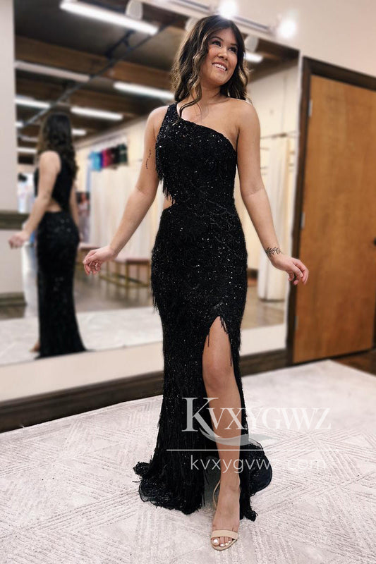 Pink One Shoulder Sequins Lace Evening Gown Mermaid Prom Dress with Fringes LF1053