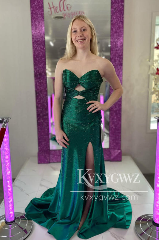 Conspicuous Mermaid Evening Gown Sweetheart Keyhole Green Satin Slit Prom Dress with Beading LF1055