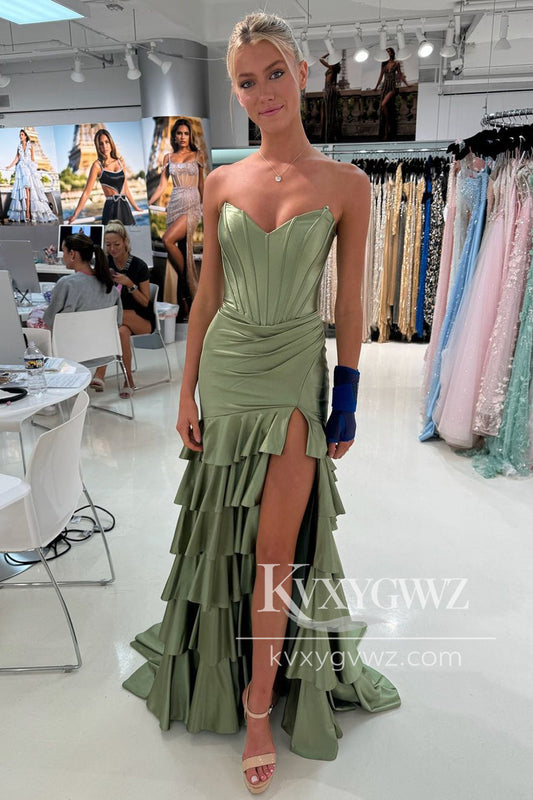 Fashion Mermaid Strapless Evening Gown Sage Green Satin Tiered Long Prom Dress with Slit LF1056