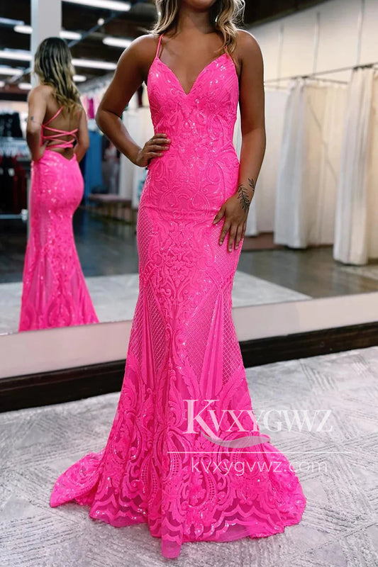 Conspicuous Spaghetti Strap Mermaid Evening Gown Hot Pink Backless Sequins Long Prom Dress LF1057