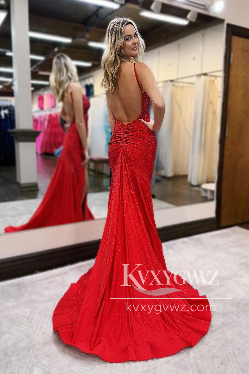 Spaghetti Strap Red Satin Beaded Evening Gown V Neck Mermaid Long Prom Dress LF1059