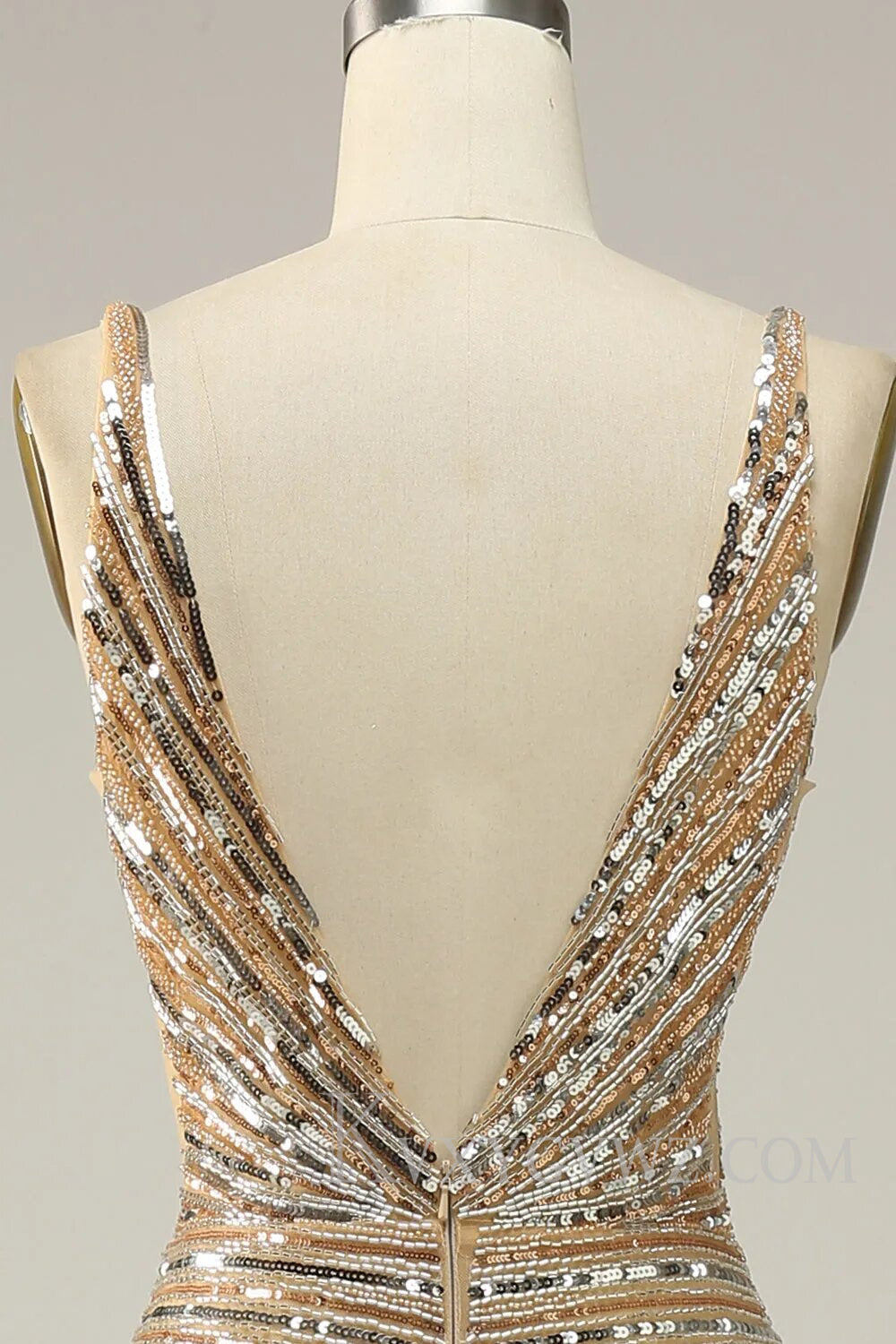 Sparkly Golden Backless Beaded Long Prom Dress with Slit LF106