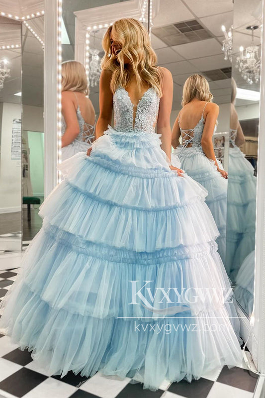 Spaghetti Strap Evening Gown Princess Ball Gown Light Sky Blue V Neck Ruffle Tiered Tulle Long Prom Dress LF1060