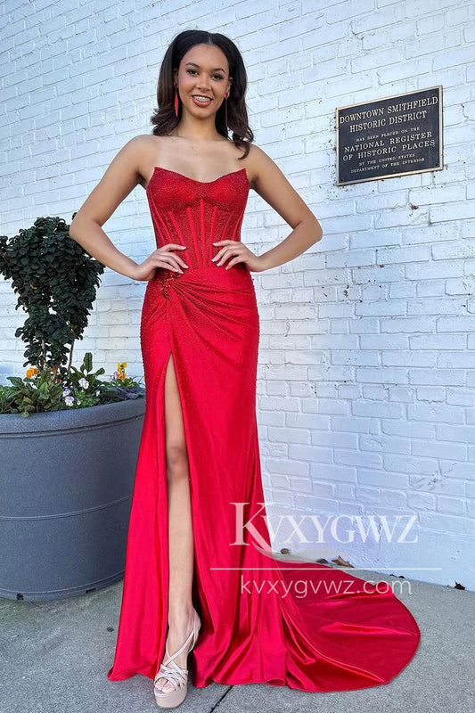 Glamorous Mermaid V Neck Evening Gown Red Satin Slit Prom Dress with Beading LF1061