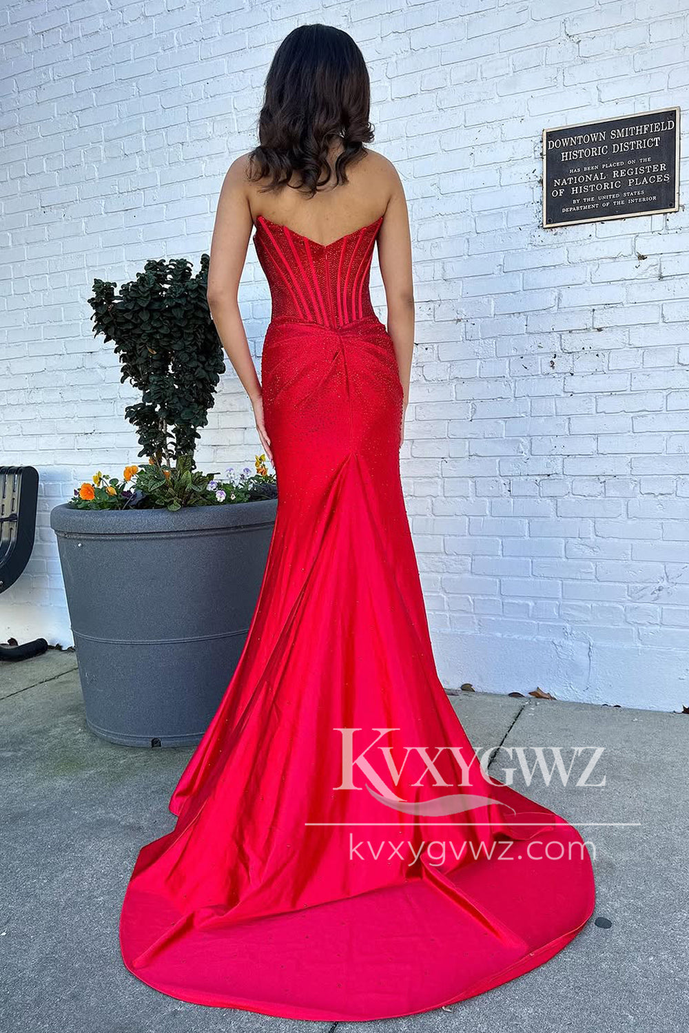 Glamorous Mermaid V Neck Evening Gown Red Satin Slit Prom Dress with Beading LF1061