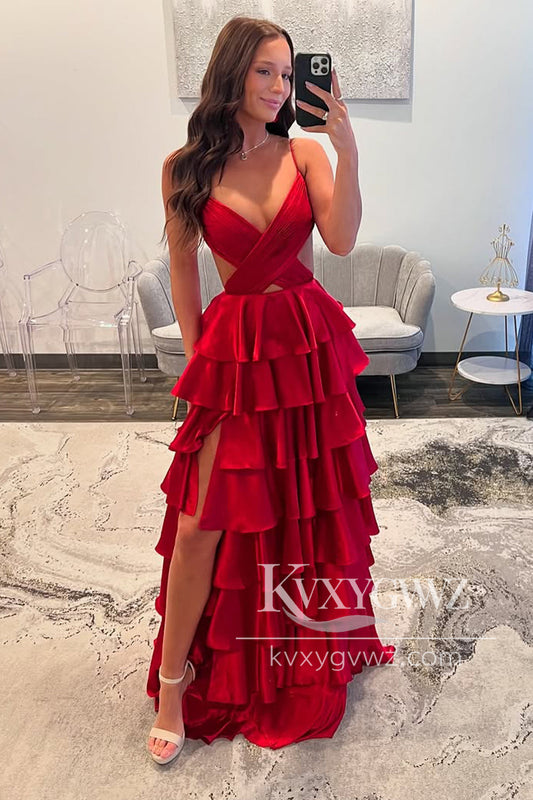 Glamorous A Line Sexy V Neck Evening Gown Red Satin Slit Tiered Prom Dress LF1062