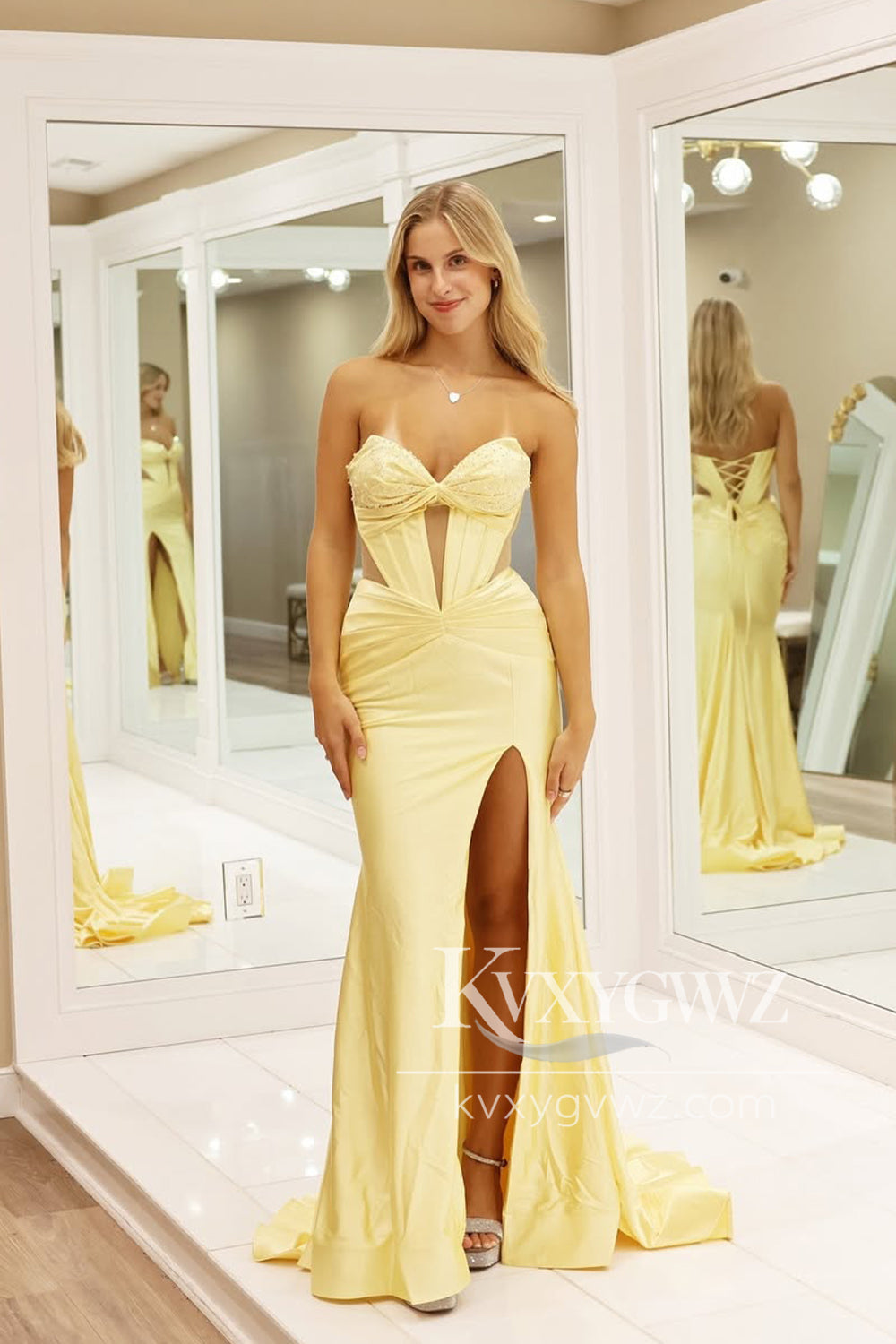 Stunning Mermaid Sweetheart Evening Gown Yellow Satin Slit Prom Dress with Beading LF1063