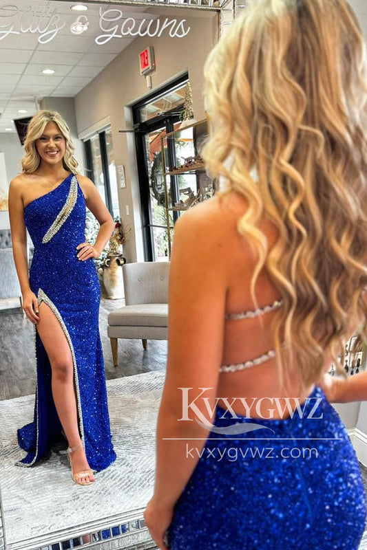 Royal Blue Sequins Evening Gown One Shoulder Mermaid Prom Dress with Slit LF1064