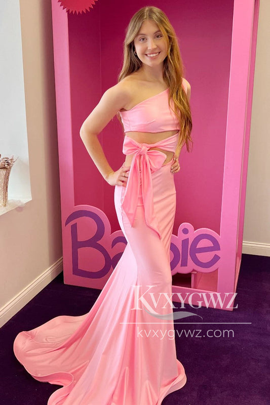 Pink One-Shoulder Evening Gown Cutout Trumpet Long Prom Dress LF1066