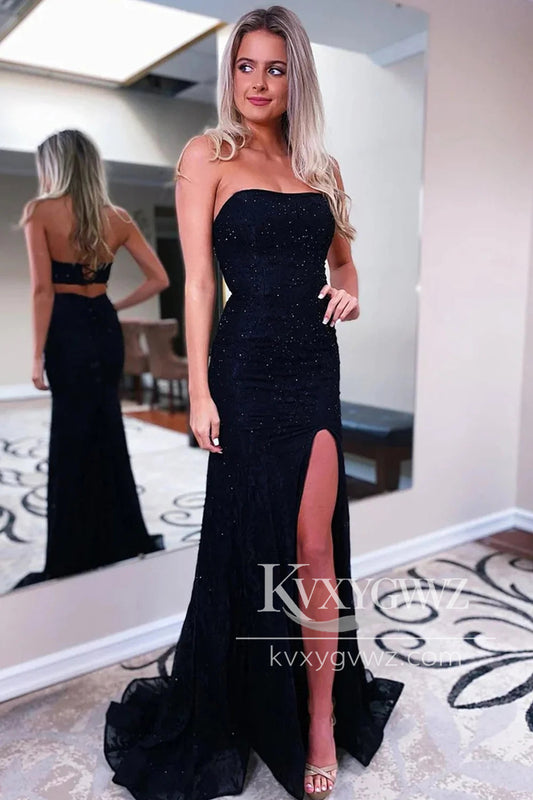 Sheath Strapless Evening Gown Black Sequins Long Prom Dress with Split Front LF1067
