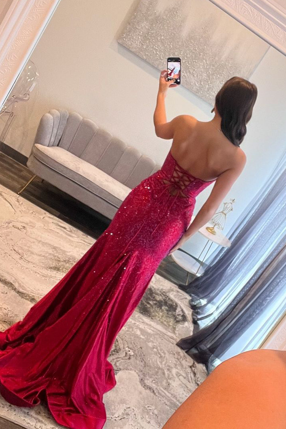 Glamorous Mermaid Sweetheart Satin Slit Prom Dress Gown with Beading LF1292