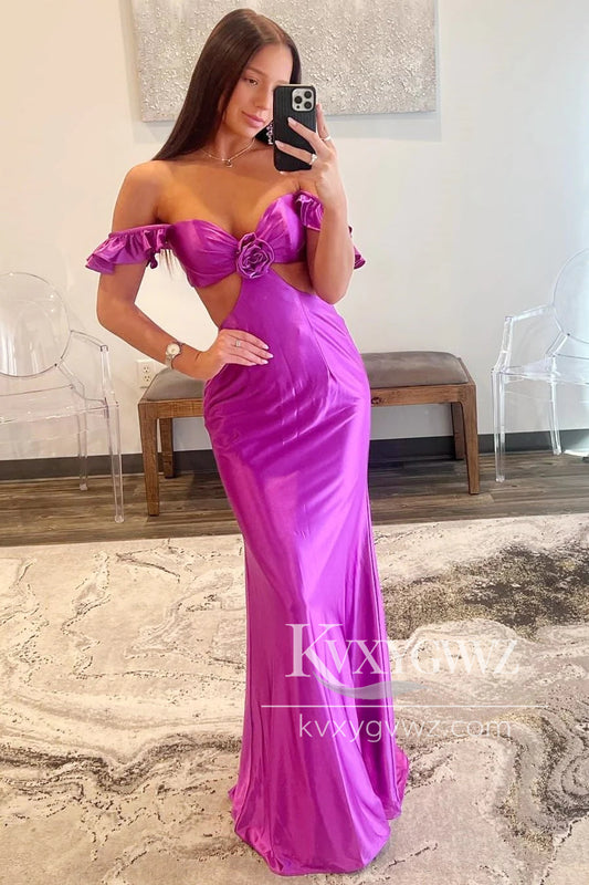 Violet Flutter Sleeves Cutout Evening Gown Mermaid Fitted Prom Dress LF1069