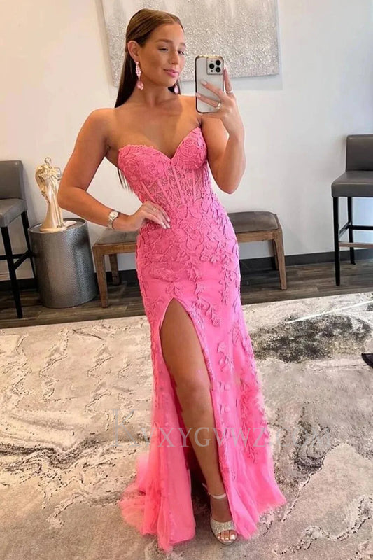 Pink Corset Sweetheart Long Lace Prom Dress with Slit LF107