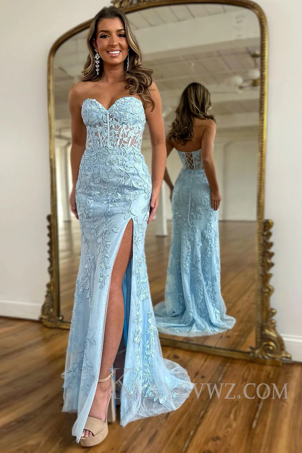 Pink Corset Sweetheart Long Lace Prom Dress with Slit LF107