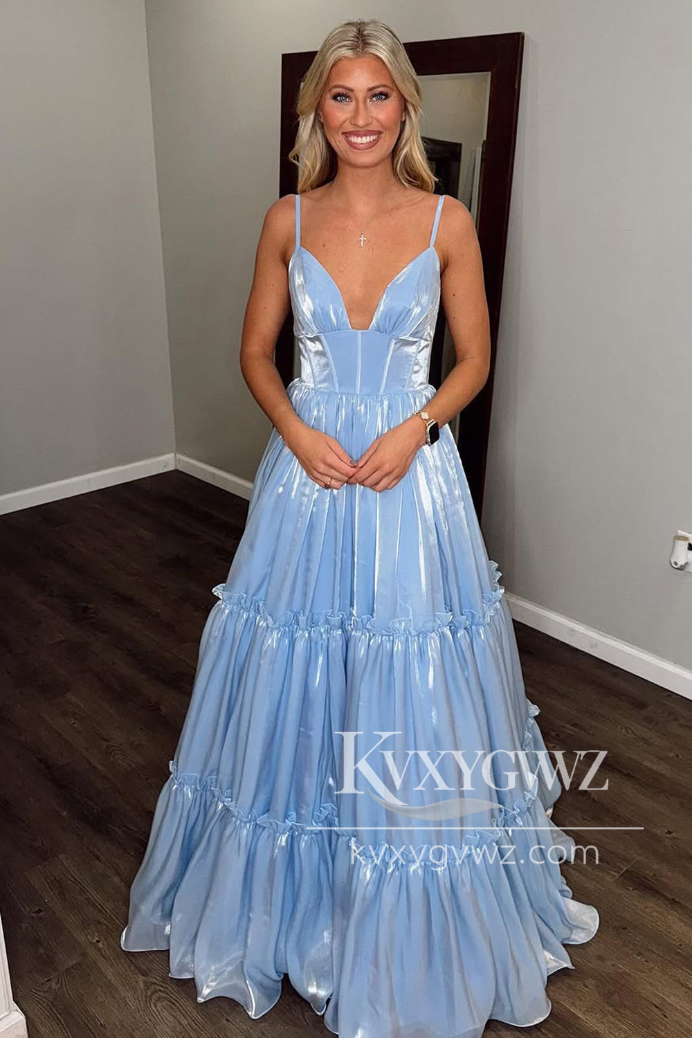 Stunning A Line V Neck Evening Gown Light Blue Spaghetti Strap Glitter Organza Satin Prom Dress LF1070