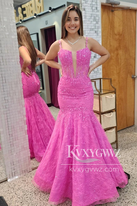 Pink Mermaid Evening Gown Appliques Lace Long Sweep Train Prom Dress LF1071