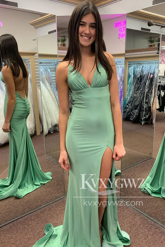 Stunning Mermaid V Neck Evening Gown Green Elastic Satin Long Prom Dress LF1073