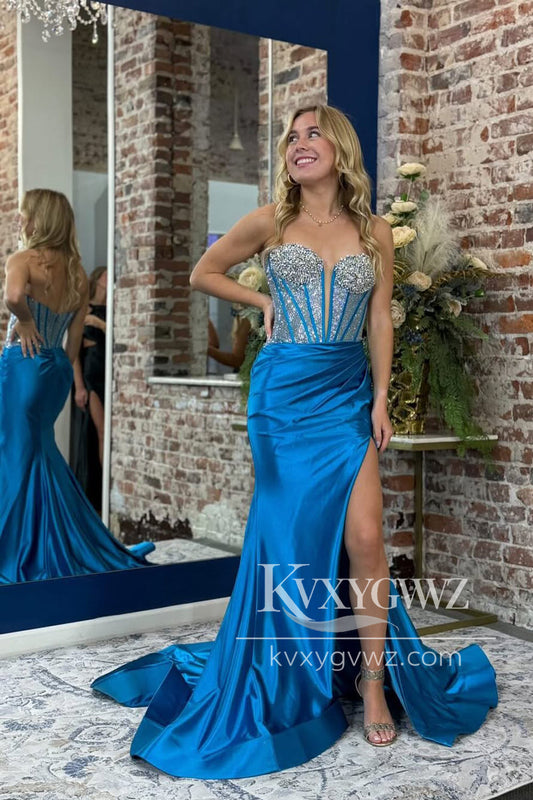 Glamorous Mermaid Evening Gown Sweetheart Royal Blue Satin Slit Prom Dress with Beading LF1074