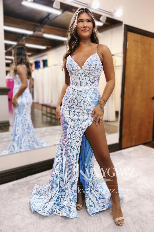 Royal Blue V Neck Evening Gown Sequins Lace Mermaid Long Prom Dress with Slit LF1076