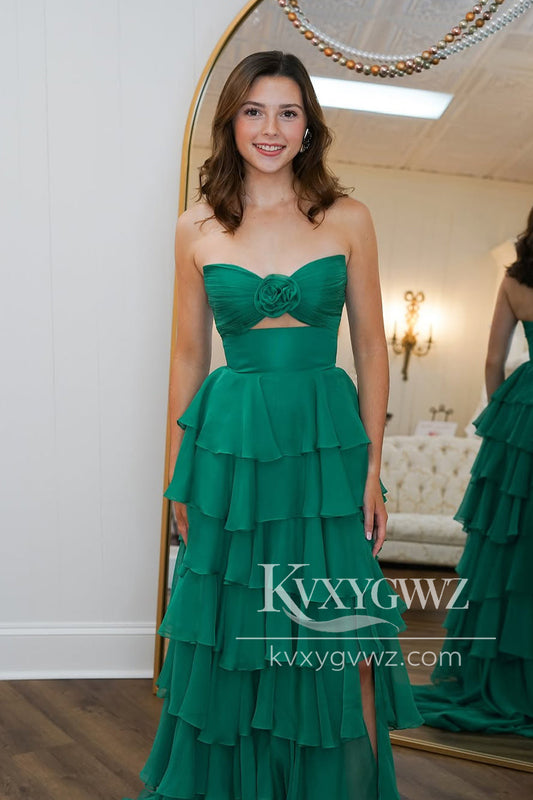 A Line V Neck Green Chiffon Evening Gown Tiered Prom Dress Gown with Slit LF1078