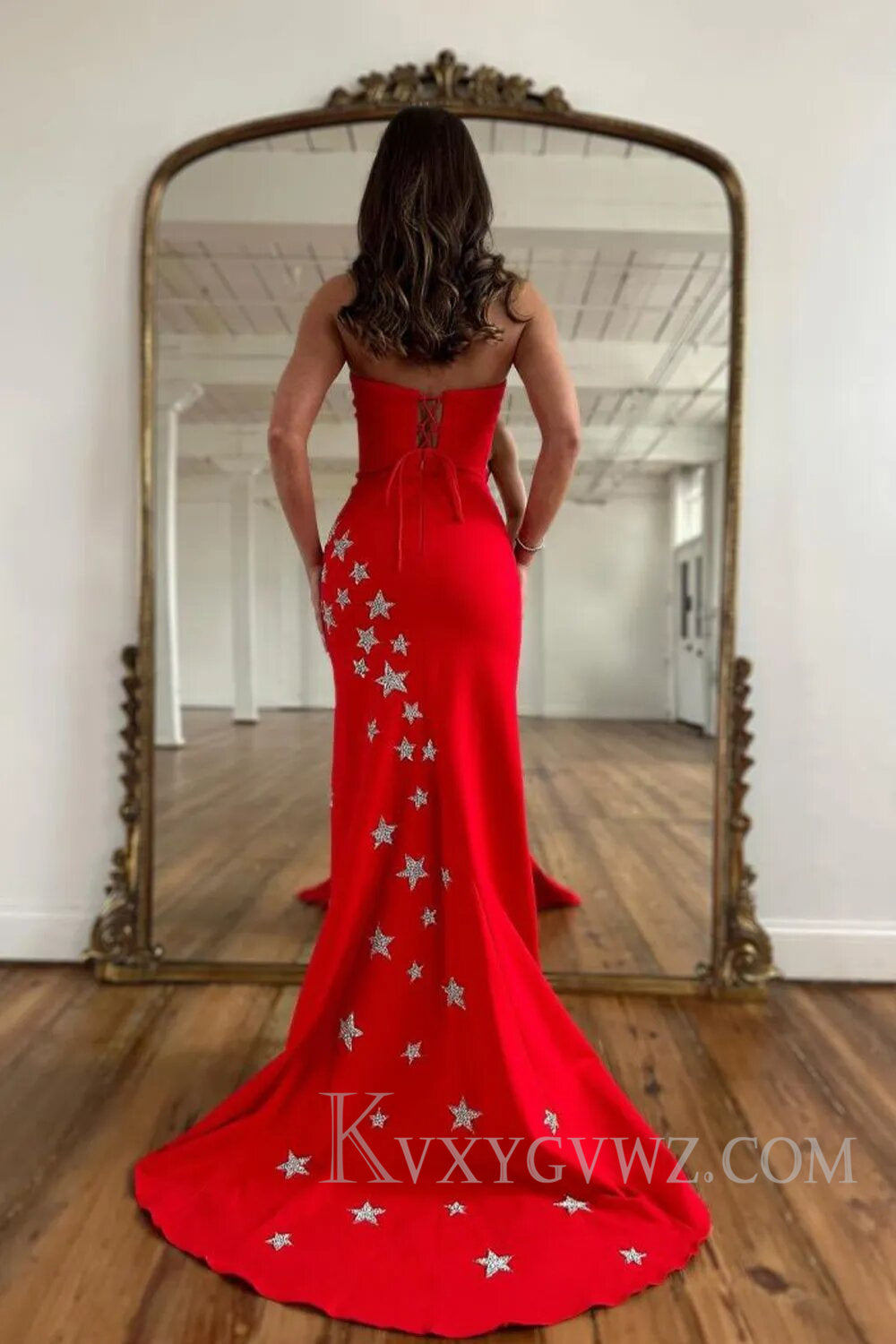 Red Strapless Mermaid Long Prom Dress with Stars LF108