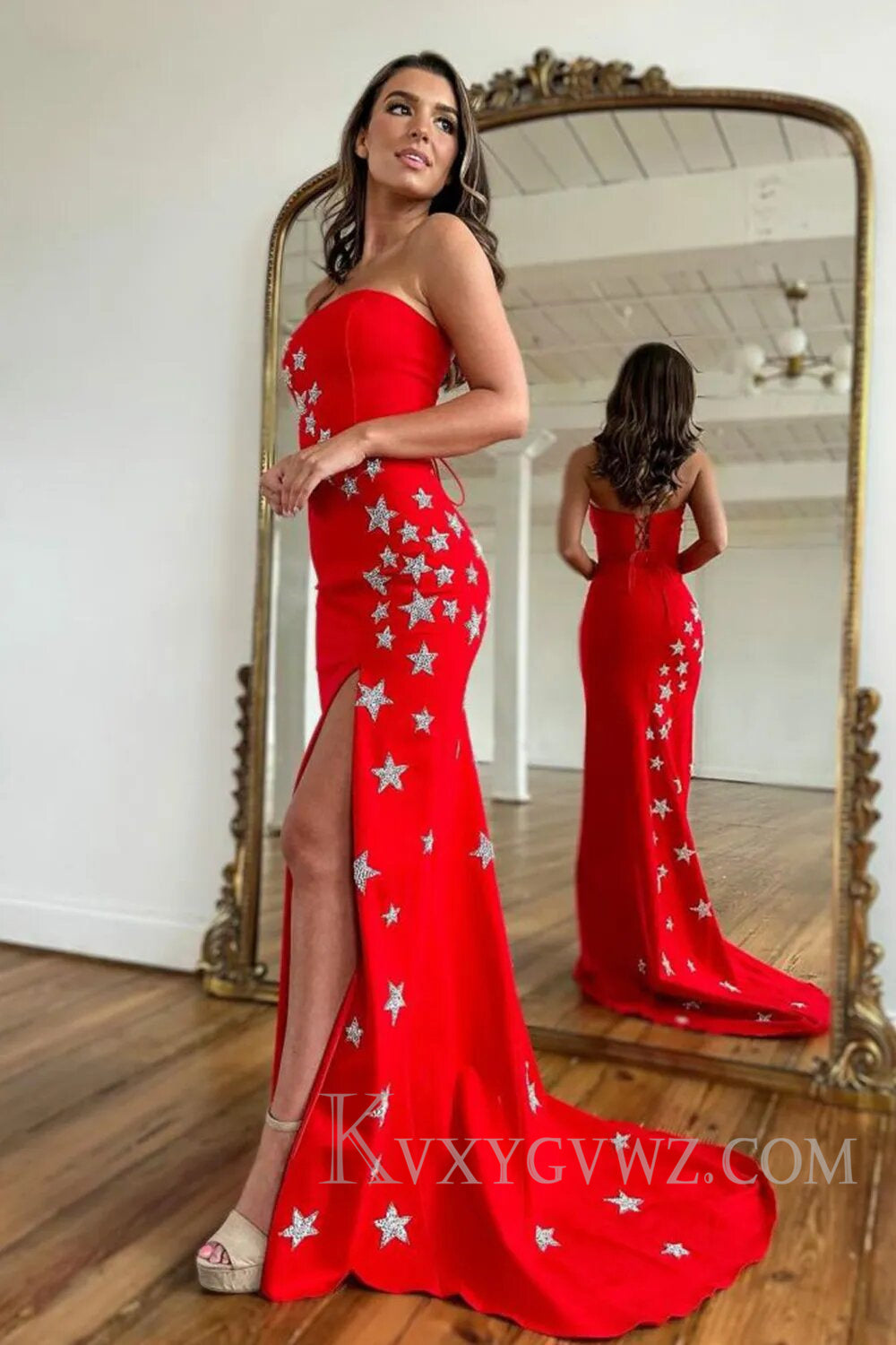 Red Strapless Mermaid Long Prom Dress with Stars LF108