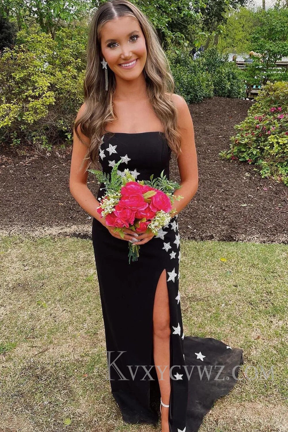 Red Strapless Mermaid Long Prom Dress with Stars LF108