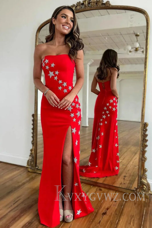 Red Strapless Mermaid Long Prom Dress with Stars LF108