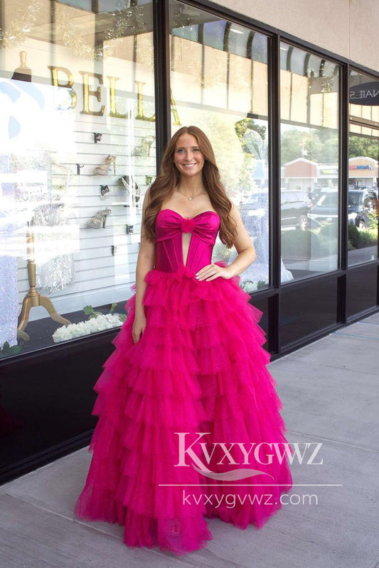 Ball Gown Sweetheart Evening Gown Hot Pink Tiered Tulle Long Prom Dress LF1081